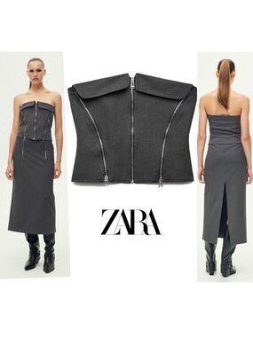 ZARA ZW COLLECTION GRAY BUSTIER ZIPPERED TOP Sz L sleeveless bloggers fave